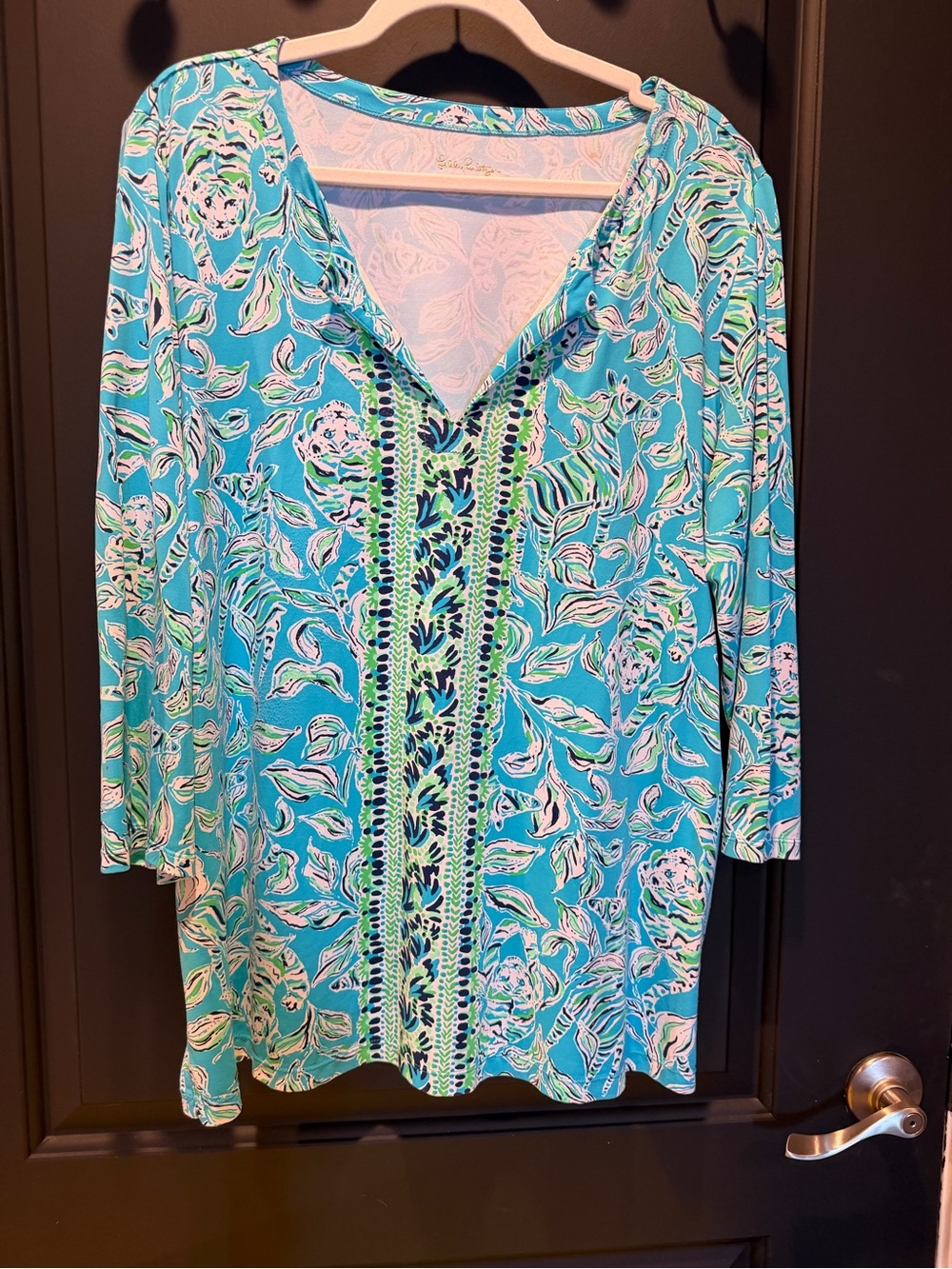Lilly Pulitzer ChillyLilly Aqua Floral V-Neck Tunic with Center Panel